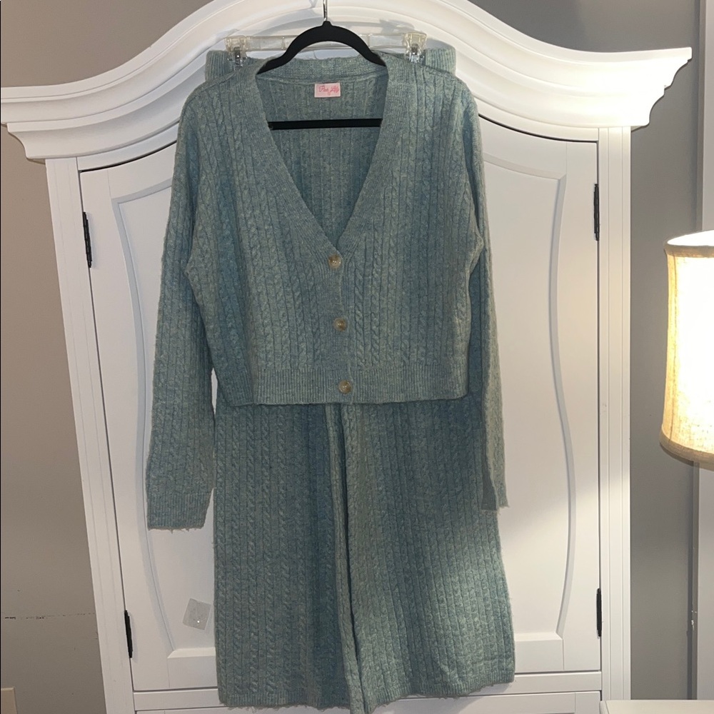 Cable Knit Legging Set- Cozy Blue Knit Cardigan and Wide Leg Set